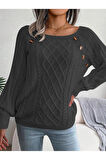 Kadın Kayık Yaka Saç Örgü Desenli Düğme Detaylı Antrasit Triko Kazak