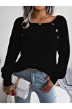 Kadın Kayık Yaka Saç Örgü Desenli Düğme Detaylı Siyah Triko Kazak