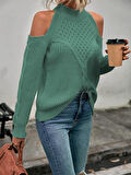 Kadın Balıkçı Yaka Omuzu Açık Selanik Saç Örgü Detaylı Mint Yeşili Triko Kazak