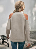 Kadın Balıkçı Yaka Omuzu Açık Selanik Saç Örgü Detaylı Vizon Triko Kazak