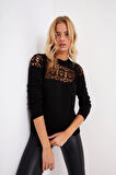 Kadın Dantel Detaylı Siyah Kazak