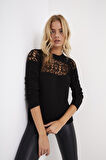 Kadın Dantel Detaylı Siyah Kazak