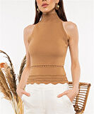 Kadın Halter Yaka Dantel Detaylı Bluz Camel