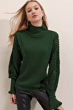 Kadın Yeşil Yarım Balıkçı Kolu Dantel Detaylı Kazak