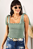Kadın Yeşil Askılı Crop Bluz