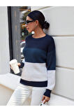 Bisiklet Yaka Renk Bloklu Uzun Kollu Kadın Triko Kazak