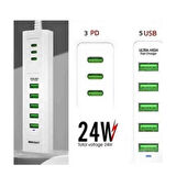 3 Type-C + 5 USB Girişli 24W Hızlı Şarj Cihazı Çoklu Soket Akım Korumalı Adaptör