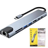 USB-C 8 in 1 Çoklayıcı PD100W Hızlı Şarjlı 2xUSB-A 2xUSB-C HDMI SD TF Kart Girişli Adaptör