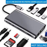 USB-C 11 in 1 Çoklayıcı PD100W Hızlı Şarjlı VGA Ethernet HDMI USB-A SD TF Girişli Adaptör