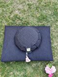 Zafu, Yoga, Meditasyon, Lotus, Yer Minderi, Siyah Desenli, Karabuğday kabuğu Dolgulu