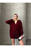 Kadın Bordo Oversize Triko Hırka