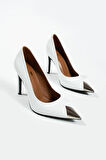 Kadın Deri Stiletto Burun Detaylı Beyaz