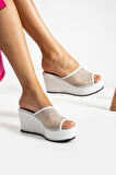 Kadın Hakiki Deri Dolgu Topuk Terlik Beyaz