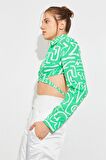 Önden Bağlama Detaylı desenli Crop Gömlek Yeşil