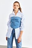 Düz Yakalı Kemerli Mavi Kadın Denim Crop Top