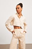 Keten Crop Krem Kadın Gömlek