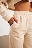 Keten Beli Lastikli Krem Kadın Pantolon
