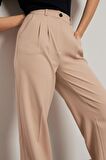 Yüksek Bel Bol Paça Bej Kadın Pantolon