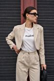 Bisiklet Yaka Yazılı Beyaz Kadın Oversize T-shirt