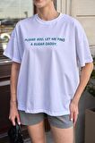 Bisiklet Yaka Yazılı Beyaz Kadın Oversize T-shirt