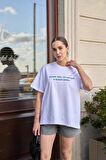Bisiklet Yaka Yazılı Beyaz Kadın Oversize T-shirt