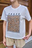 Bisiklet Yaka Yazılı Leopar Desenli Krem Kadın Oversize T-shirt
