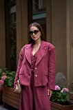 Kruvaze Yaka Vatkalı Kadın Bordo Keten Blazer Ceket