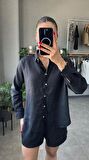 Oversize Keten Siyah Kadın Gömlek