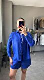 Oversize Keten Saks Mavi Kadın Gömlek