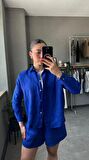 Oversize Keten Saks Mavi Kadın Gömlek
