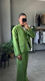 Kruvaze Yaka Vatkalı Kadın Yeşil Keten Blazer Ceket