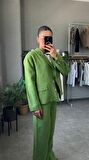 Kruvaze Yaka Vatkalı Kadın Yeşil Keten Blazer Ceket