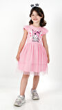 Kuromi Pembe Tül Detaylı Kısa Kollu Kız Çocuk Elbisesi