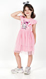 Kuromi Pembe Tül Detaylı Kısa Kollu Kız Çocuk Elbisesi