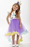 Unicorn Leylak Kuyruk Detaylı Gökkuşağı Taçlı Kız Çocuk Parti Elbisesi