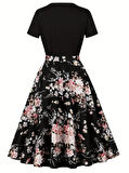 Kadın Kısa Kollu Bisiklet Yaka çiçek Desenli üst Viskon Alt Süprem Kısa Elbise