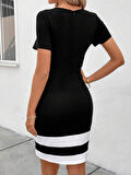 Kadın Kısa Kollu Bisiklet Yaka çift Renkli Ithal Krep Elbise