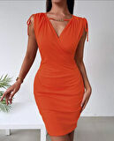 Kadın Kruvaze Yaka Büzgü Ve Zincir Aksesuar Detay Cepli Sandy Mini Elbise