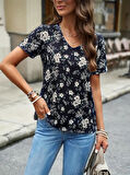 Kadın Kısa Kollu V Yakalı çiçek Baskılı Süprem Bluz