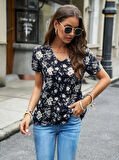 Kadın Kısa Kollu V Yakalı çiçek Baskılı Süprem Bluz
