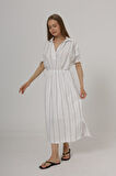 Beli Lastikli Elbise - Beyaz