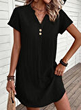 Kadın Kısa Kollu V Yakalı Düğmeli Müslim Kısa Elbise