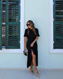 Kadın Kısa Kollu Bisiklet Yakalı Yandan Yırtmaçlı Büzgülü Janjan Krep Elbise