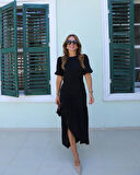 Kadın Kısa Kollu Bisiklet Yakalı Yandan Yırtmaçlı Büzgülü Janjan Krep Elbise