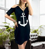 Fermuar Detay çıpa Baskılı Zincir Askılı Viskon Elbise