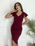 QKadın Kısa Kollu Kalp Yaka Yanlardan Büzgü Detay Midi Janjan Krep Elbise