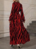Kadın Uzun Kollu Kruvaze Yakalı Kuşaklı Zebra Desenli Süprem Maxi Elbise