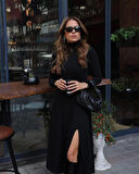 Kadın Uzun Kollu Balıkçı Yaka Derin Yırtmaç Detay Krep Elbise