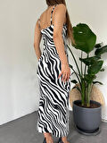 Kadın Zebra Baskılı Omuz Askılı Sırt Dekolteli Yırtmaç Detay Elbise