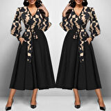 Kadın Uzun Kollu Kruvaze Yaka Dalgıç Krep Midi Boy Elbise